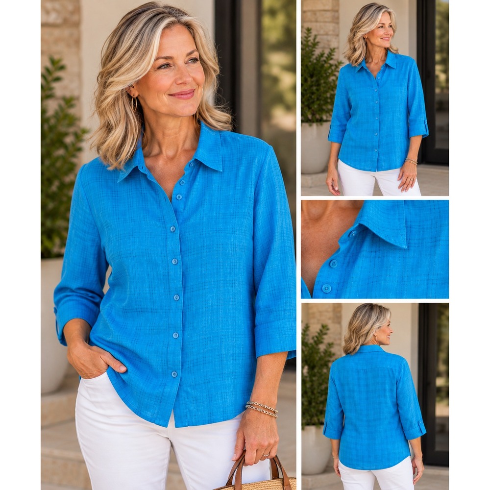 Sag Harbor Women's 100% Linen Blue Button Down Blouse 3/4 Sleeve Medium
